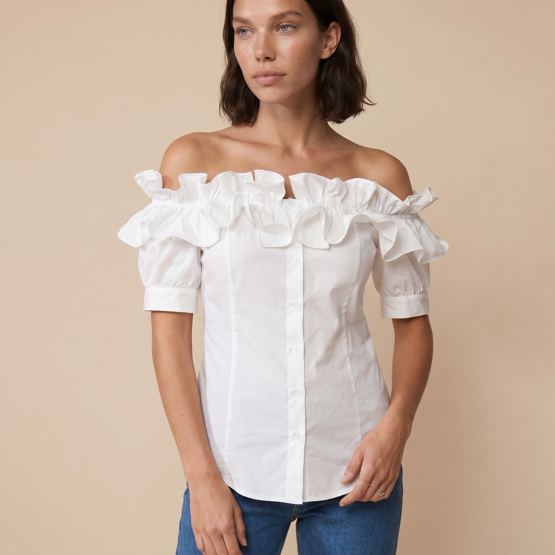 Sunoire off the shoulder short sleeve blouses asymmetrical button ruffles blouses top front crop 01