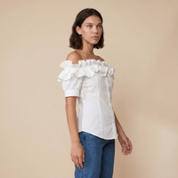 Sunoire off the shoulder short sleeve blouses asymmetrical button ruffles blouses top side crop 01
