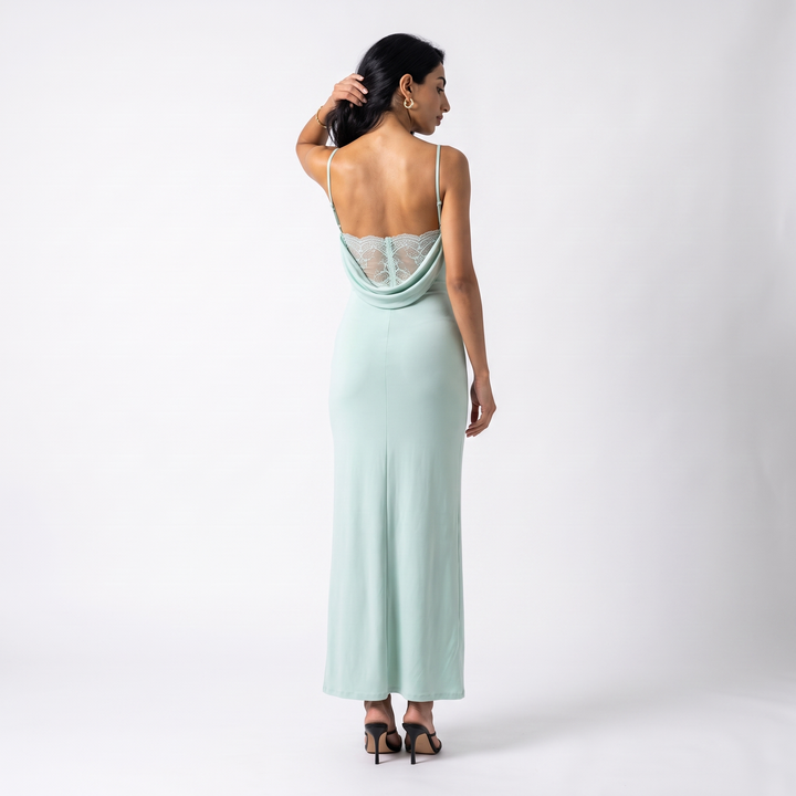 Sunoire open back lace polyester high waist solid color maxi dress spaghetti strap fishtail evening gown elegant backless party dress back view 01