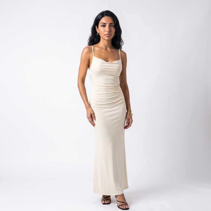Women's Ruched Cowl Neck Bodycon Maxi Dress – Strappy Back Cocktail Party Dress — Cream color