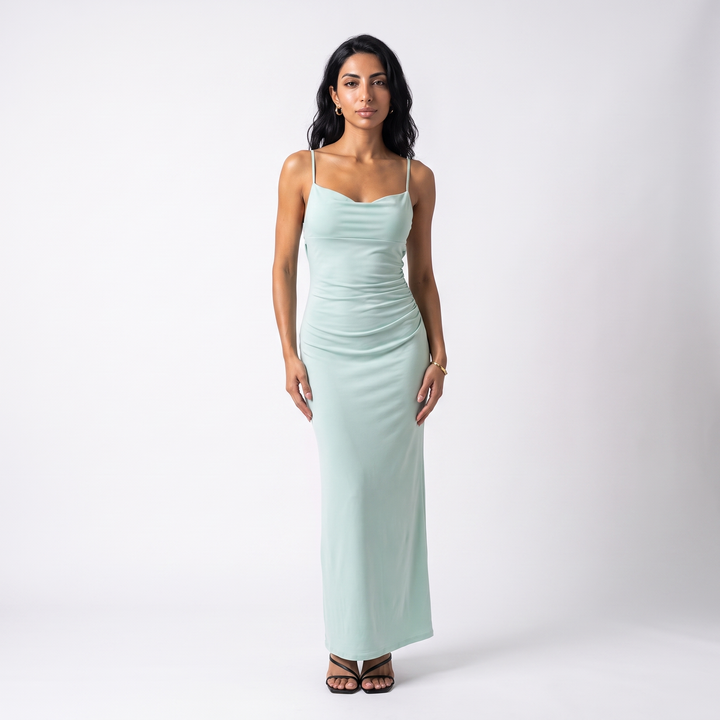 Women's Ruched Cowl Neck Bodycon Maxi Dress – Strappy Back Cocktail Party Dress — Green
