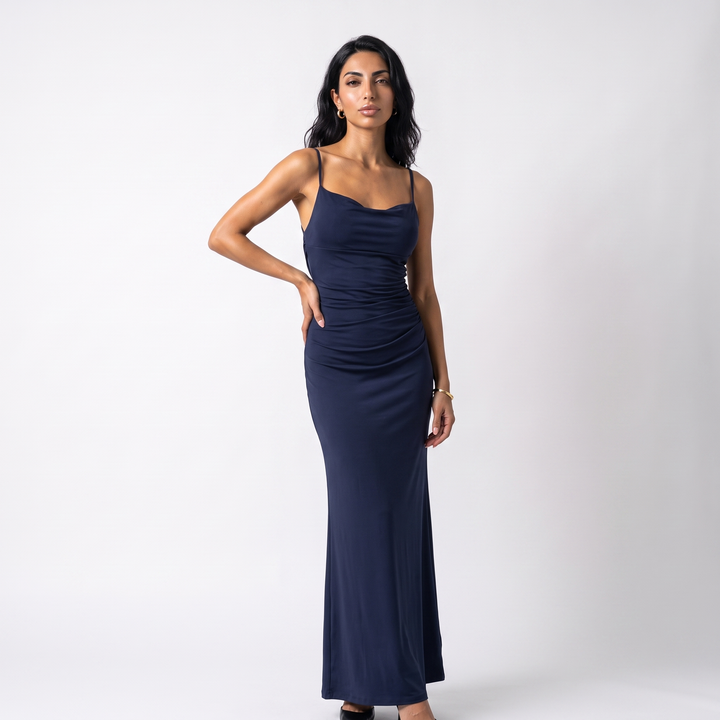 Women's Ruched Cowl Neck Bodycon Maxi Dress – Strappy Back Cocktail Party Dress — Navy blue
