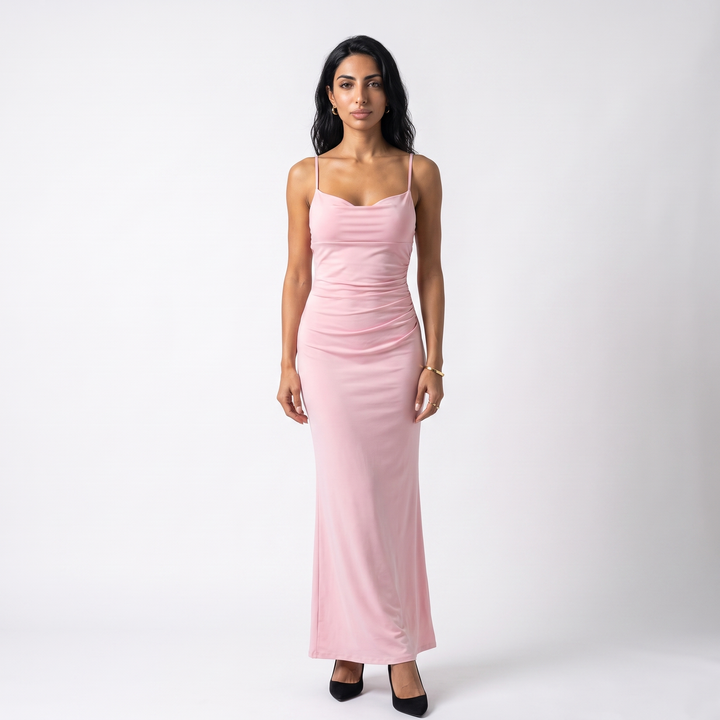 Women's Ruched Cowl Neck Bodycon Maxi Dress – Strappy Back Cocktail Party Dress — Pink