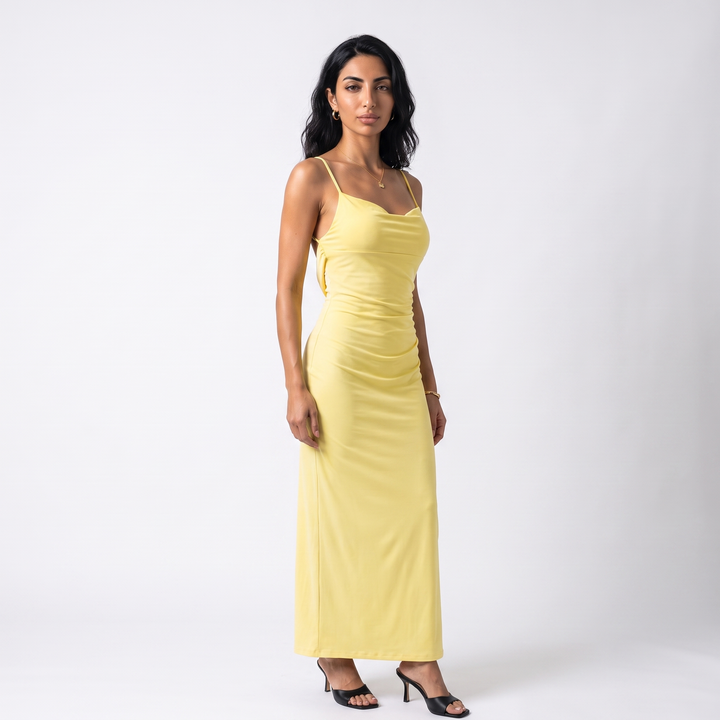 Women's Ruched Cowl Neck Bodycon Maxi Dress – Strappy Back Cocktail Party Dress — Yellow