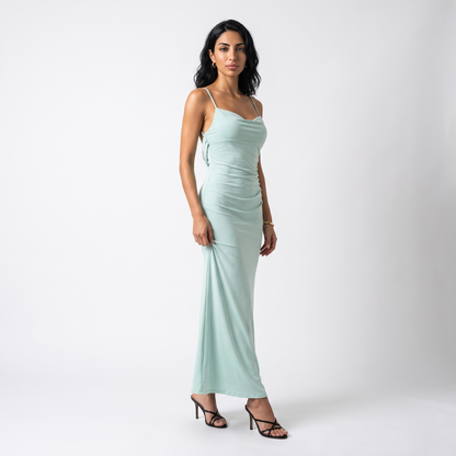 Sunoire open back lace polyester high waist solid color maxi dress spaghetti strap fishtail evening gown elegant backless party dress front hero 01