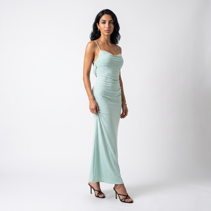 Sunoire open back lace polyester high waist solid color maxi dress spaghetti strap fishtail evening gown elegant backless party dress front hero 01