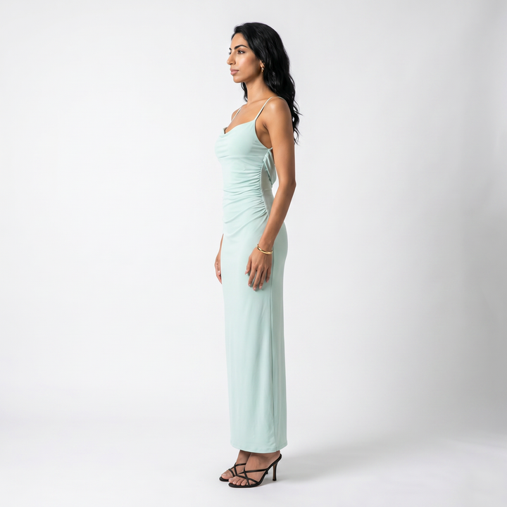 Sunoire open back lace polyester high waist solid color maxi dress spaghetti strap fishtail evening gown elegant backless party dress side view 01