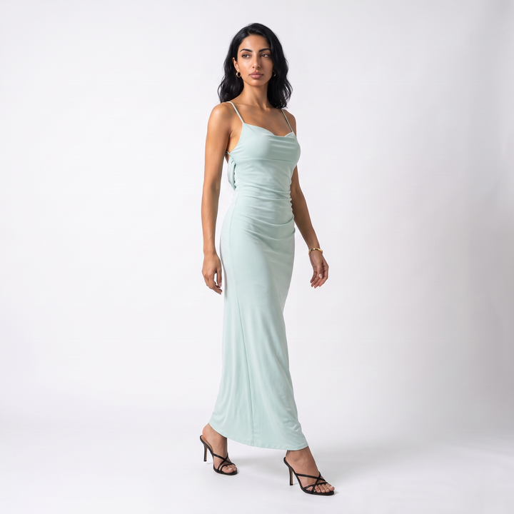 Sunoire open back lace polyester high waist solid color maxi dress spaghetti strap fishtail evening gown elegant backless party dress three quarter 01