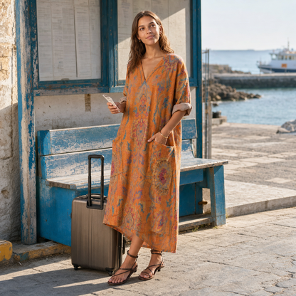 Cotton V-Neck Maxi Dress – Orange Wedding Guest Dress — lifestyle photo