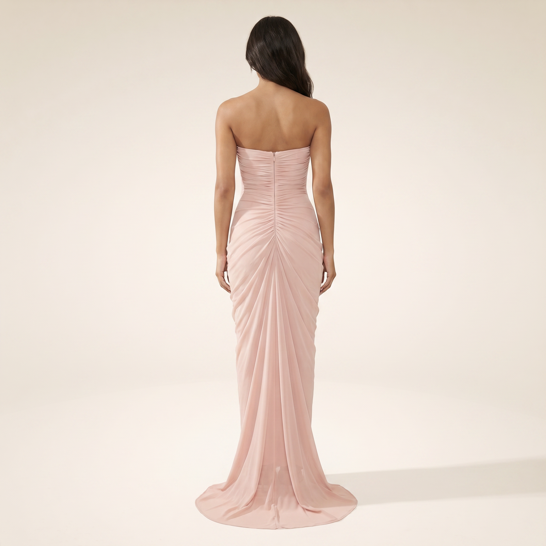 Sunoire ordell strapless ruched mesh maxi dress back view 01