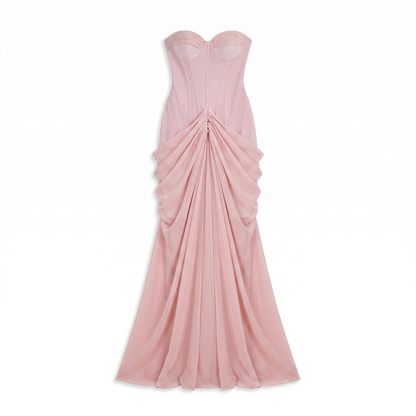 Sunoire ordell strapless ruched mesh maxi dress mannequin pink 01