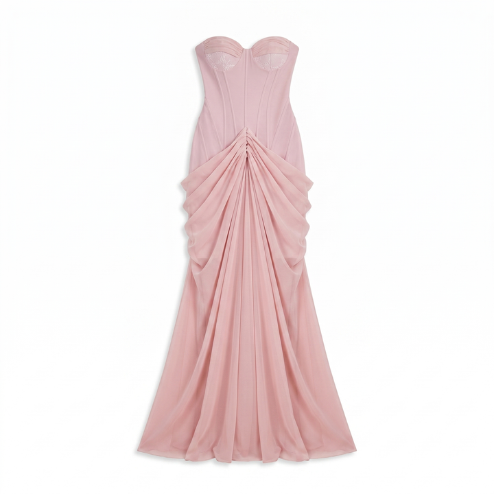 Sunoire ordell strapless ruched mesh maxi dress mannequin pink 01