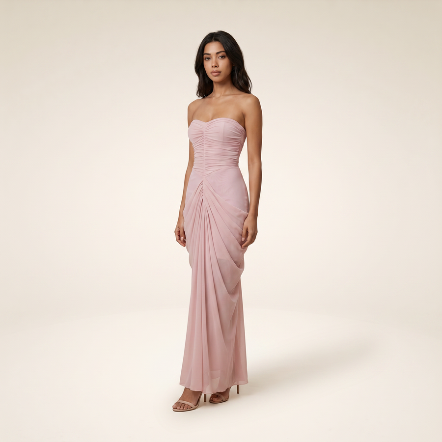 Sunoire ordell strapless ruched mesh maxi dress three quarter 01