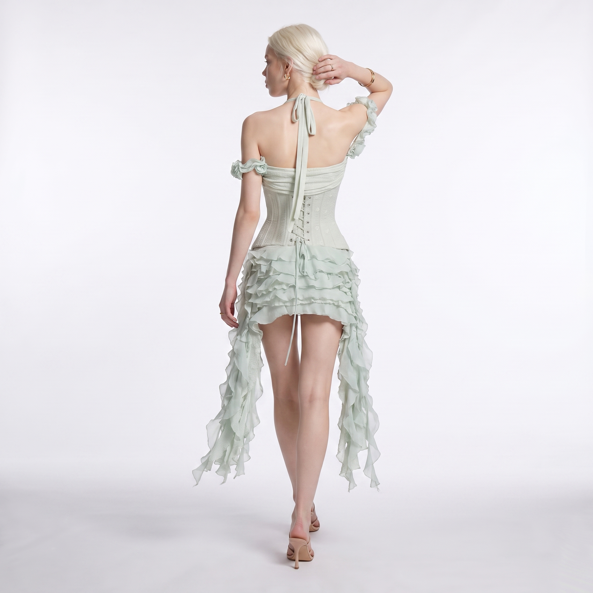Sunoire oudina fashion breathable eco friendly high waisted shorts above knee bandeau waist cincher casual summer party ruffled back view 01
