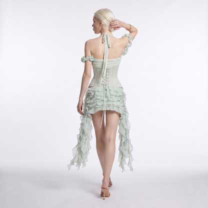 Sunoire oudina fashion breathable eco friendly high waisted shorts above knee bandeau waist cincher casual summer party ruffled back view 01
