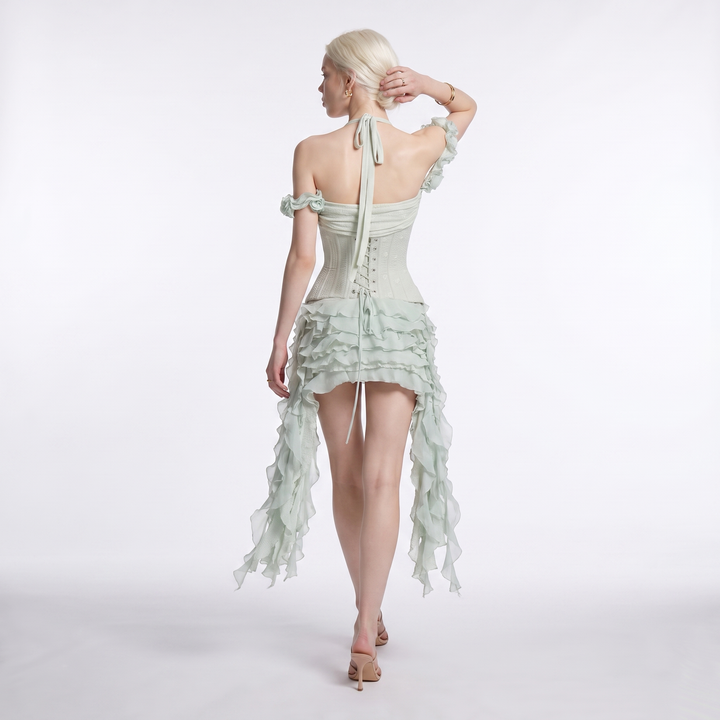 Sunoire oudina fashion breathable eco friendly high waisted shorts above knee bandeau waist cincher casual summer party ruffled back view 01