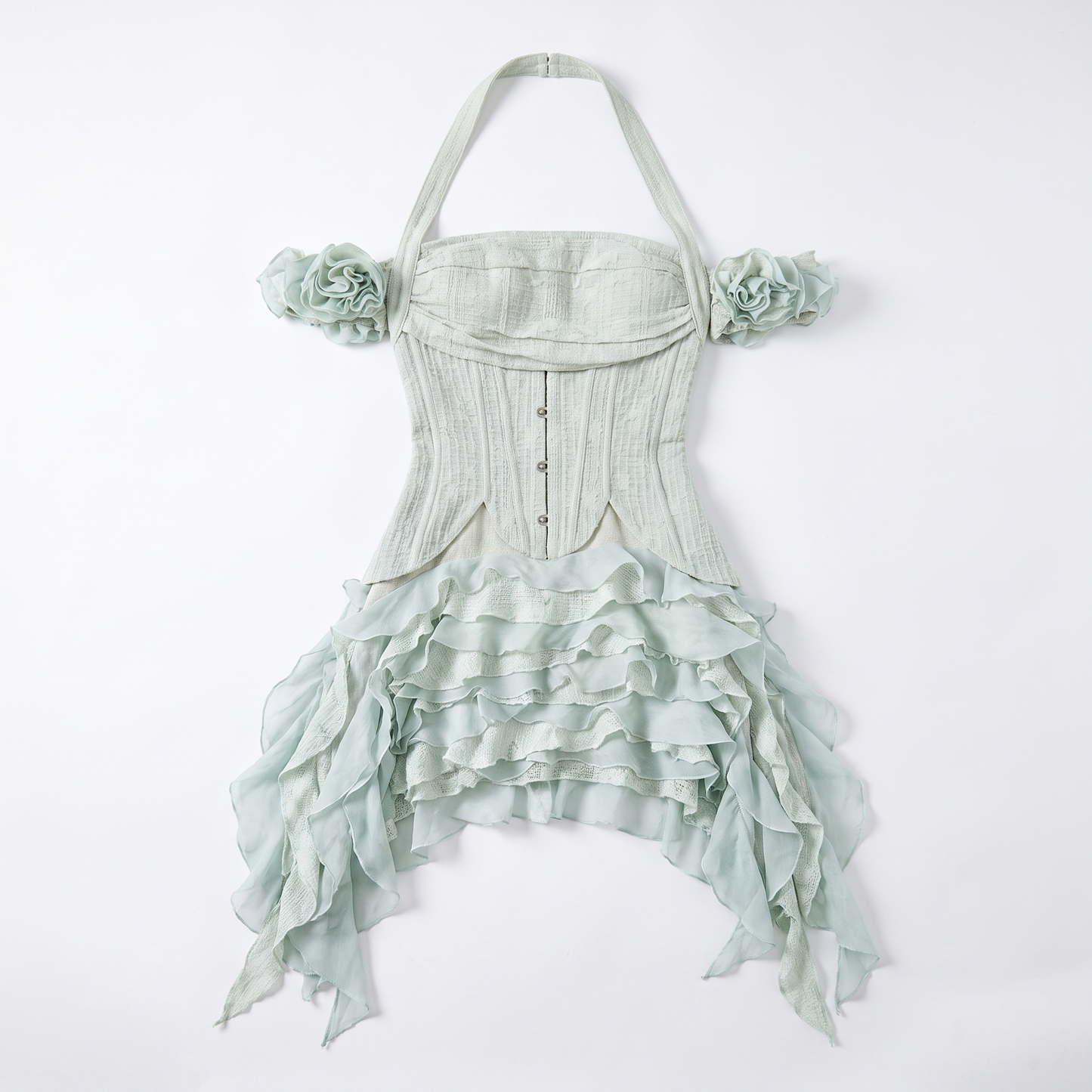 Sunoire oudina fashion breathable eco friendly high waisted shorts above knee bandeau waist cincher casual summer party ruffled garment flatlay 01