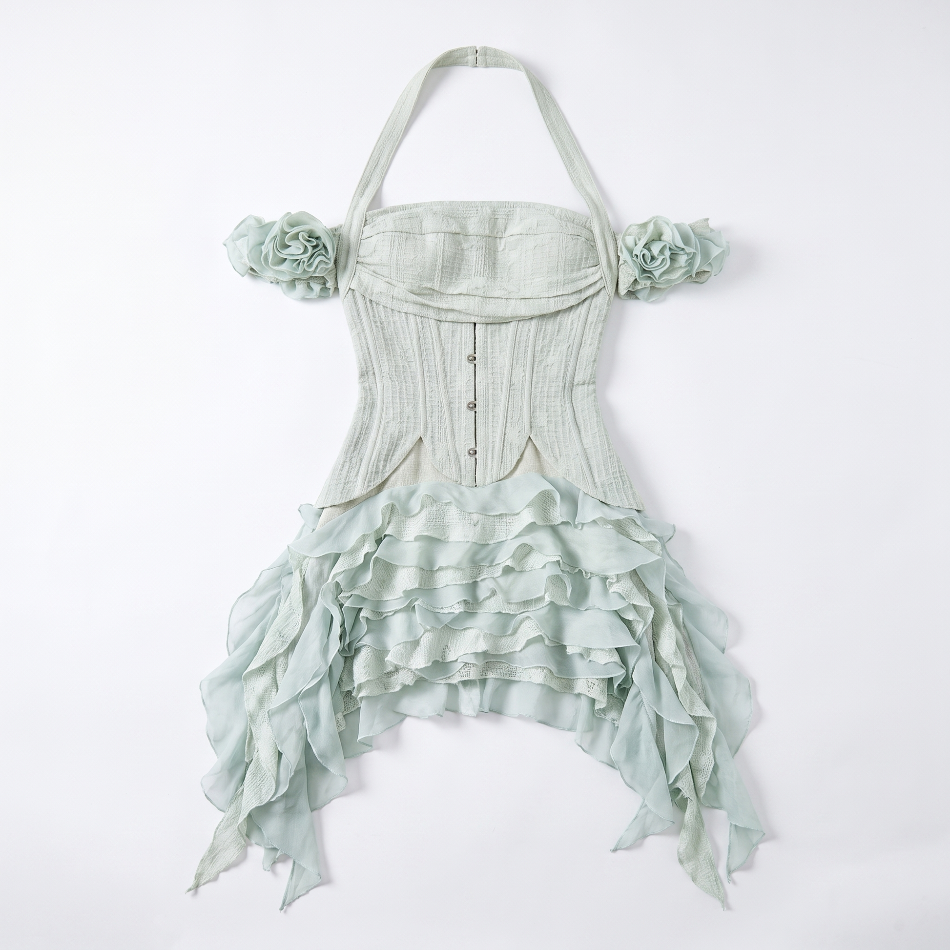 Sunoire oudina fashion breathable eco friendly high waisted shorts above knee bandeau waist cincher casual summer party ruffled garment flatlay 01