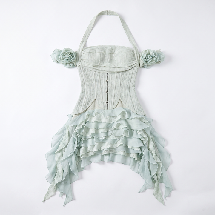 Sunoire oudina fashion breathable eco friendly high waisted shorts above knee bandeau waist cincher casual summer party ruffled garment flatlay 01