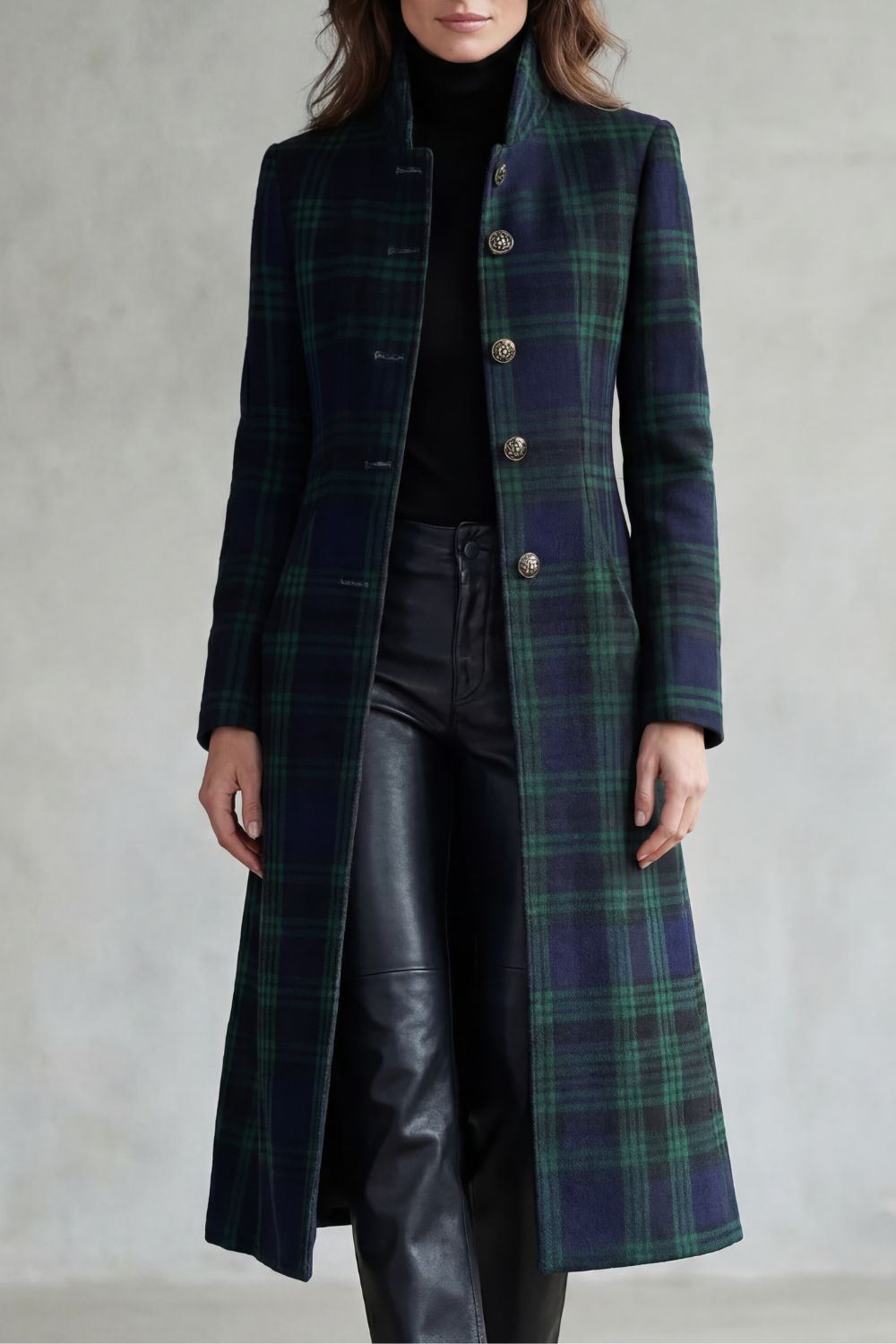 Mabel | Overcoat Navy Green Tartan Wool Blend Stand Collar for Women in Blackwatch tartan