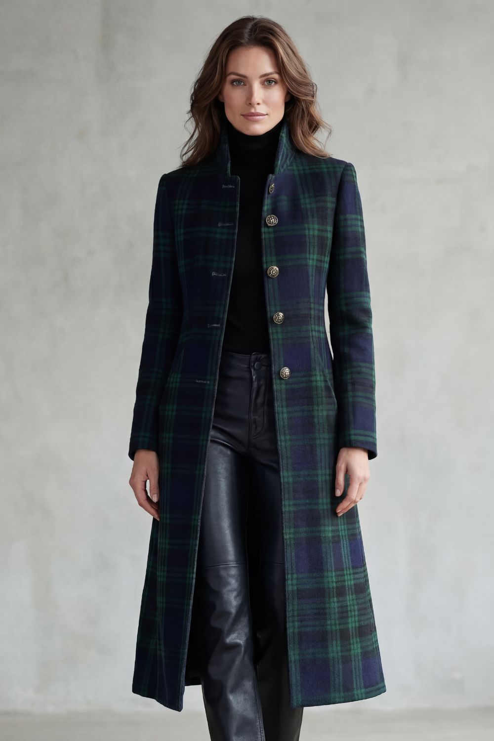 Mabel | Overcoat Navy Green Tartan Wool Blend Stand Collar for Women in Blackwatch tartan, another view