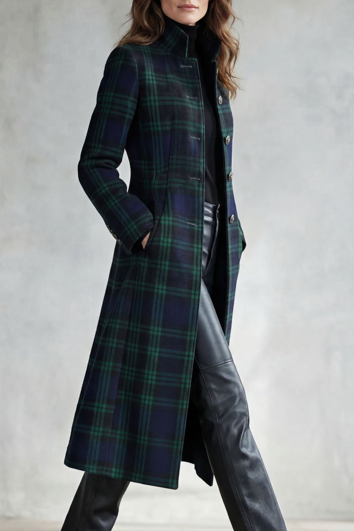 Mabel | Overcoat Navy Green Tartan Wool Blend Stand Collar for Women in Blackwatch tartan, another view