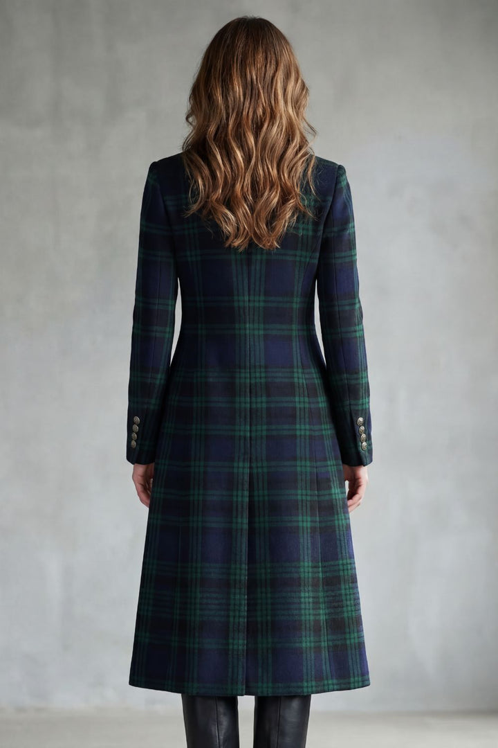 Mabel | Overcoat Navy Green Tartan Wool Blend Stand Collar for Women in Blackwatch tartan, another view