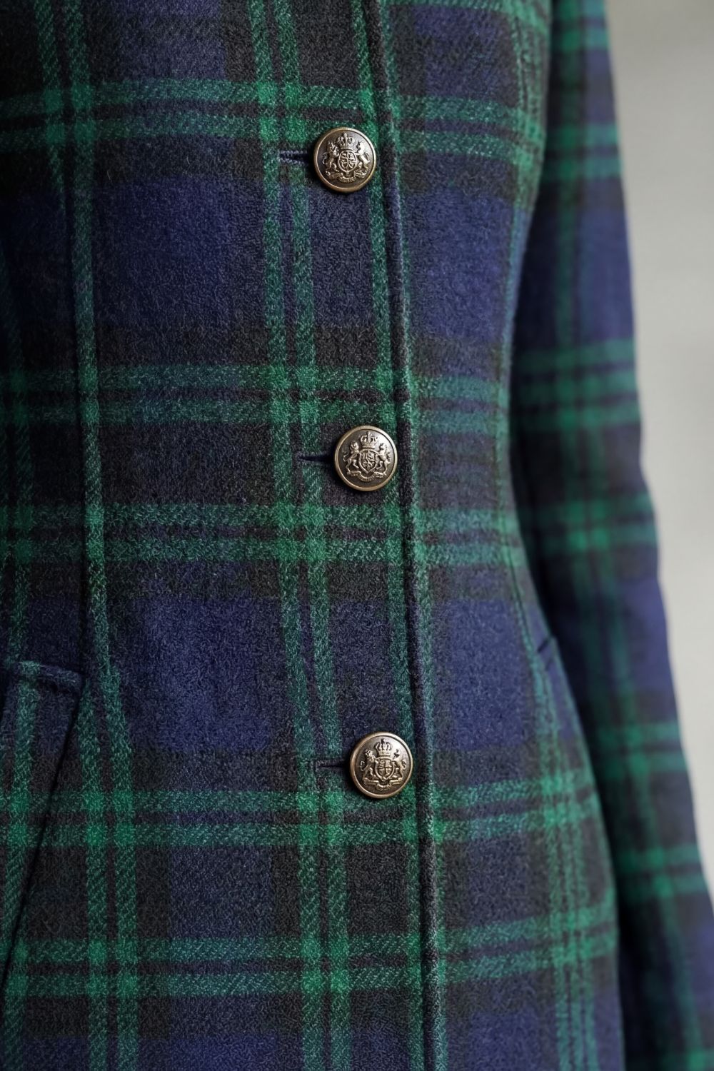 Mabel | Overcoat Navy Green Tartan Wool Blend Stand Collar for Women in Blackwatch tartan, another view