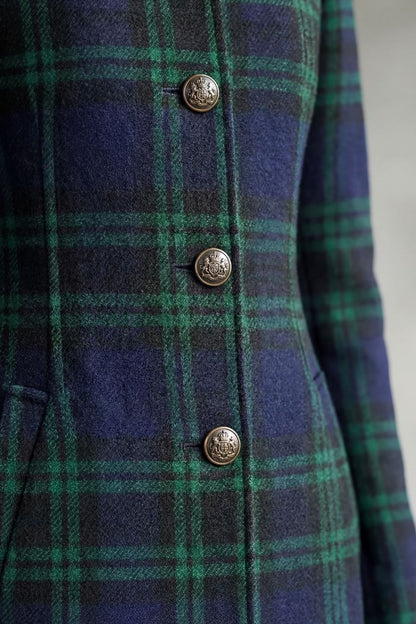 Mabel | Overcoat Navy Green Tartan Wool Blend Stand Collar for Women in Blackwatch tartan, another view