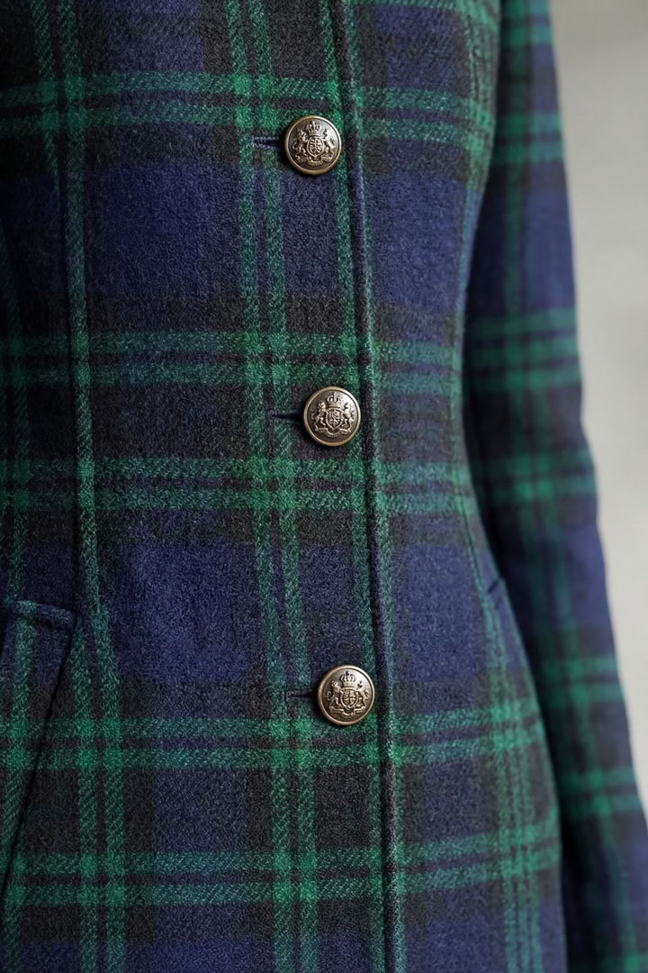 Mabel | Overcoat Navy Green Tartan Wool Blend Stand Collar for Women in Blackwatch tartan, another view