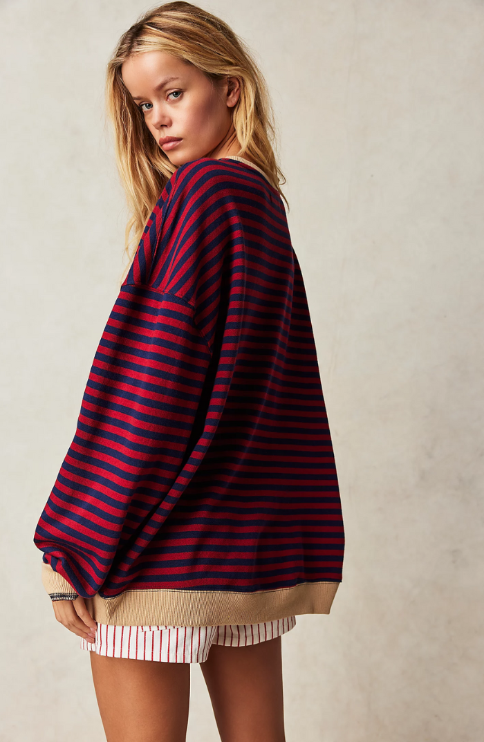 Oversized Striped Sweatshirt with Contrast Trim and Drop Shoulders in Black & Red, another view