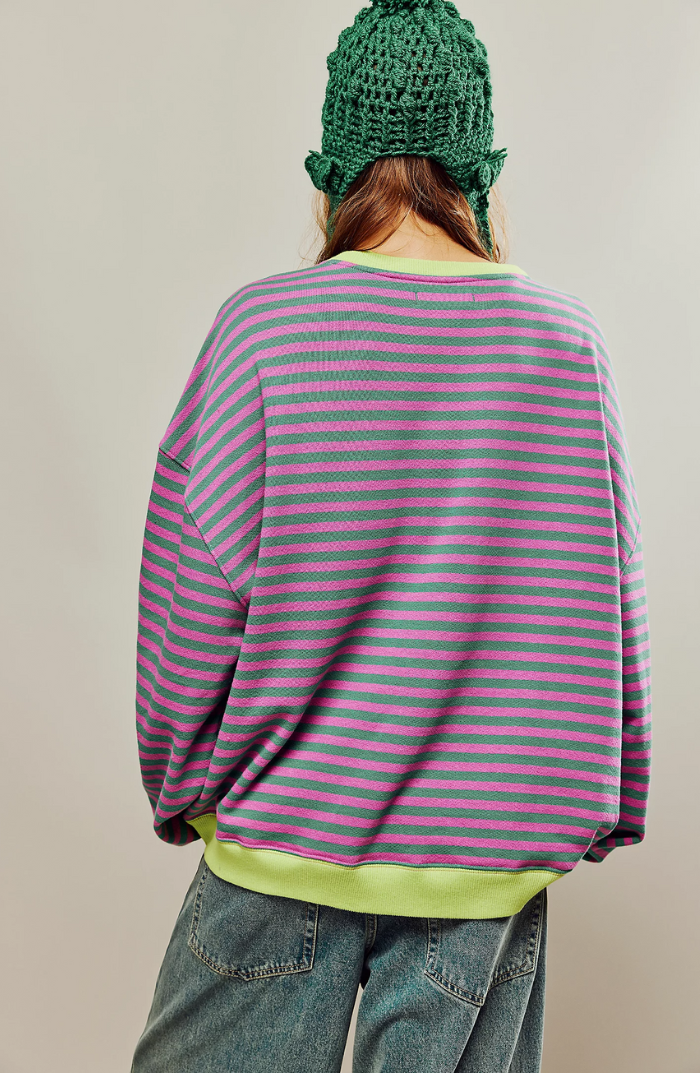 Oversized Striped Sweatshirt with Contrast Trim and Drop Shoulders in Green & Pink, another view