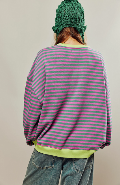 Oversized Striped Sweatshirt with Contrast Trim and Drop Shoulders in Green & Pink, another view