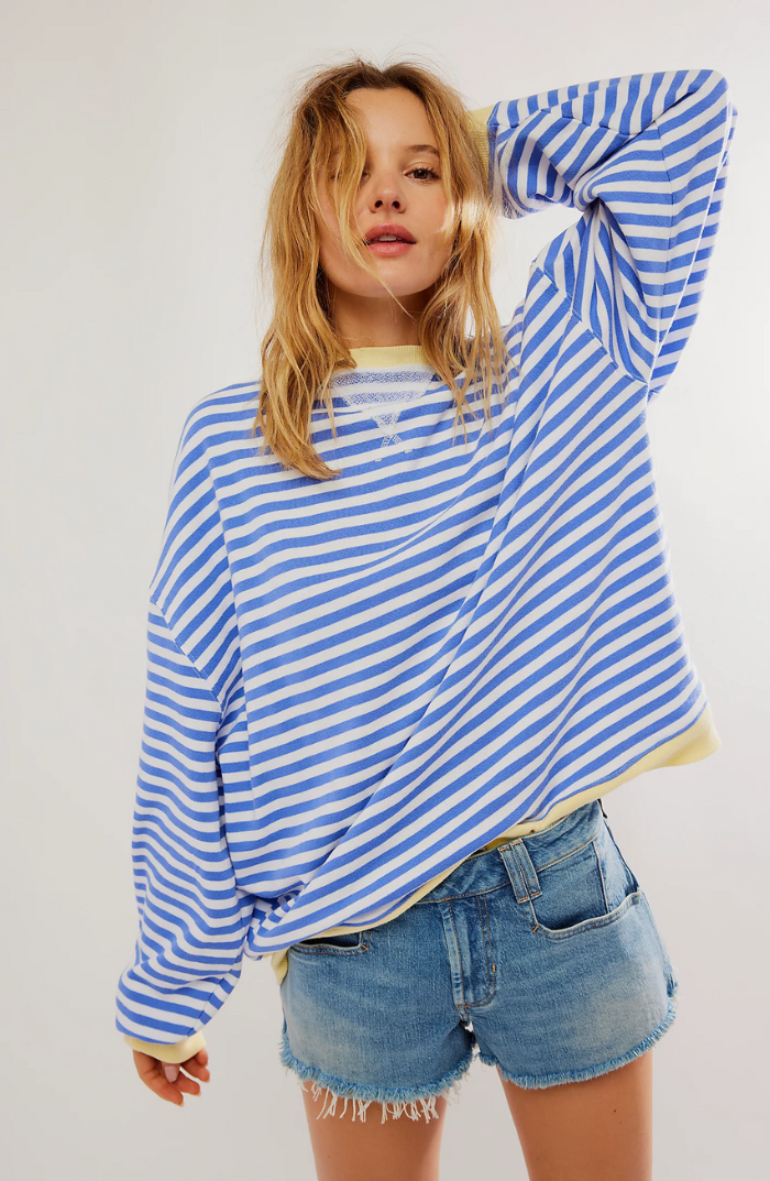 Oversized Striped Sweatshirt with Contrast Trim and Drop Shoulders in Sky Blue