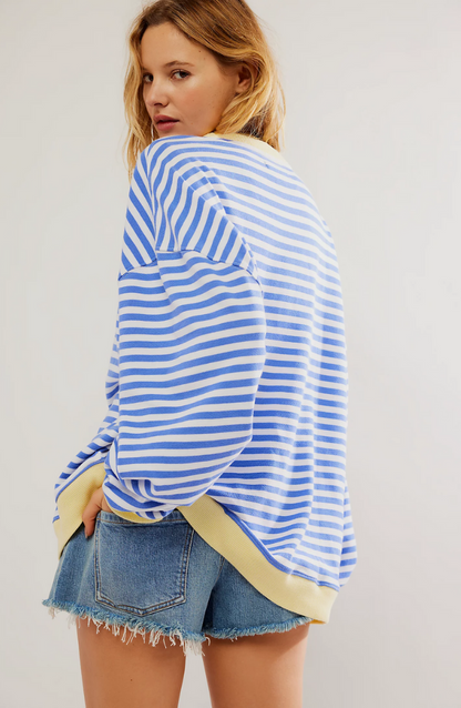 Oversized Striped Sweatshirt with Contrast Trim and Drop Shoulders in Sky Blue, another view