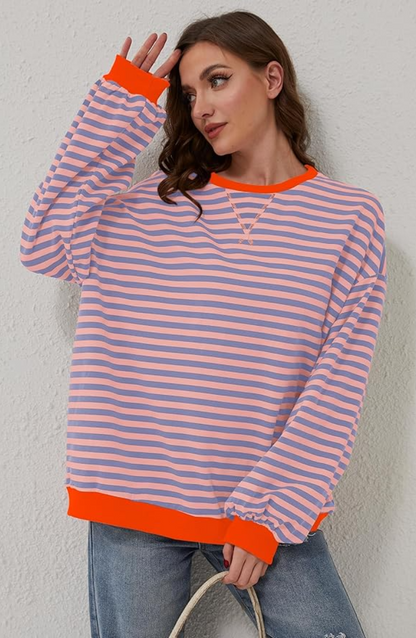 Oversized Striped Sweatshirt with Contrast Trim and Drop Shoulders in Orange & Blue