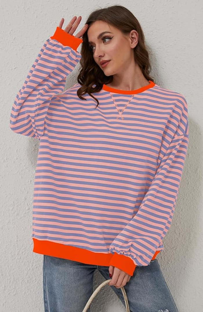 Oversized Striped Sweatshirt with Contrast Trim and Drop Shoulders in Orange & Blue