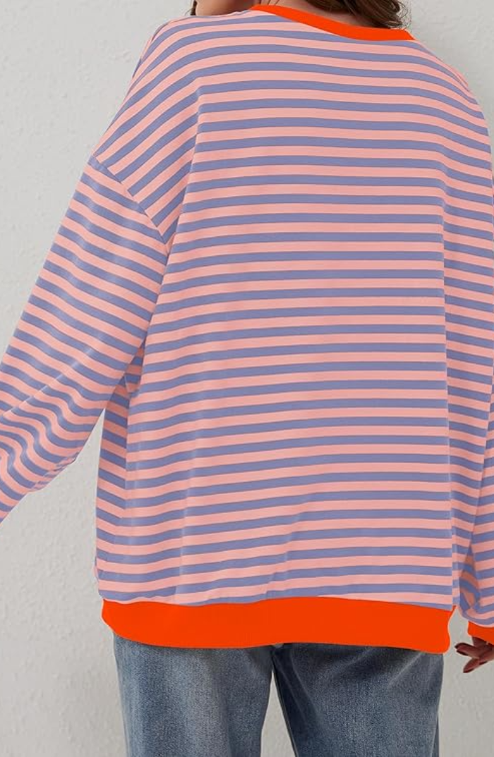 Oversized Striped Sweatshirt with Contrast Trim and Drop Shoulders in Orange & Blue, another view