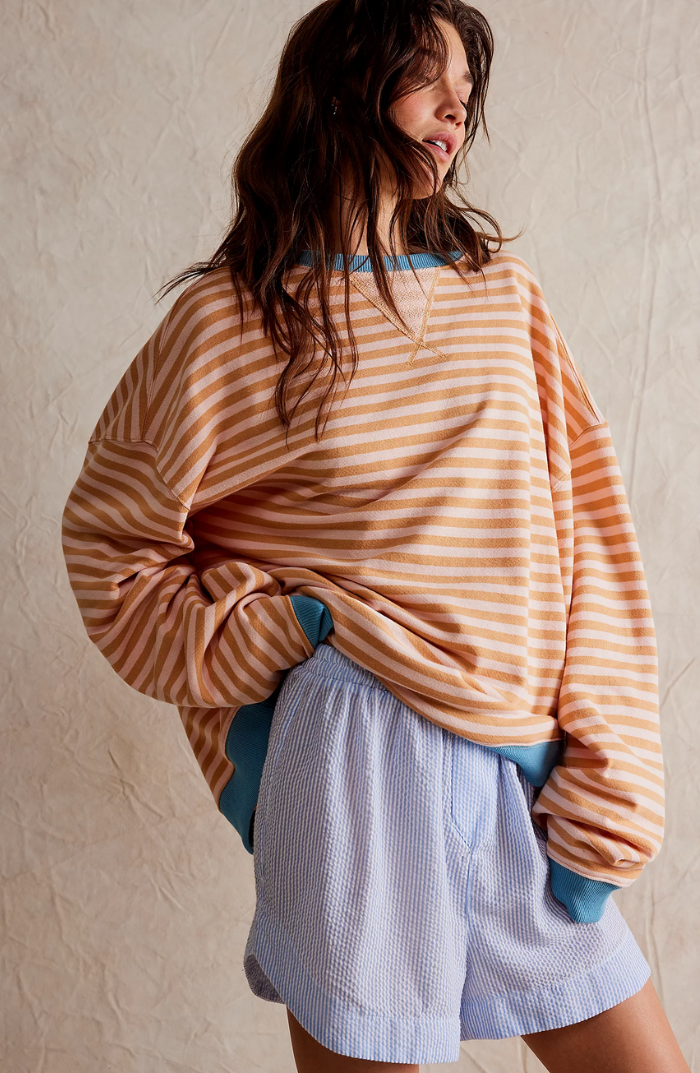 Oversized Striped Sweatshirt with Contrast Trim and Drop Shoulders in Orange Stripes