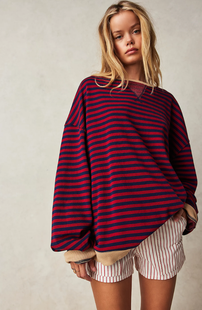Women's Oversized Striped Sweatshirt with Contrast Trim and Drop Shoulders — Black & Red