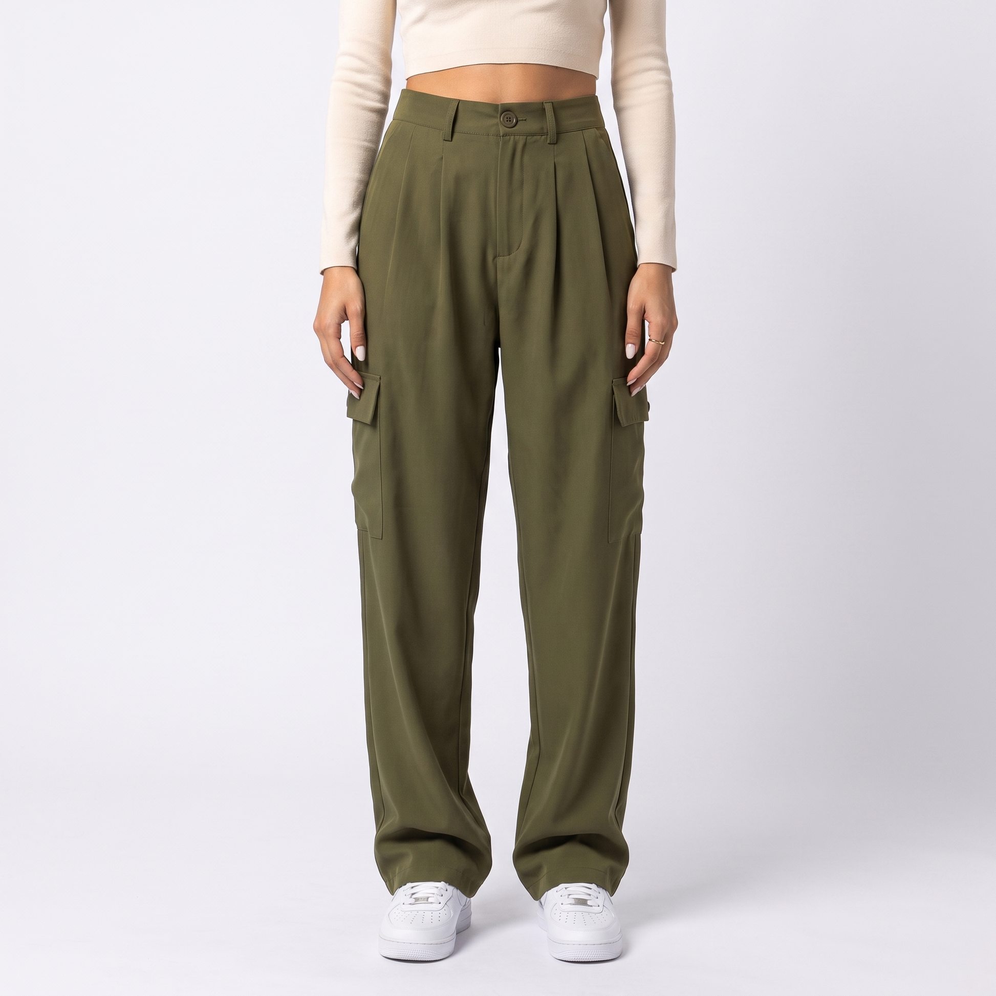 Sunoire pb za women 2023 new chic fashion pocket trim cargo pants vintage high waist side pockets female trousers mujer bottom front crop 01