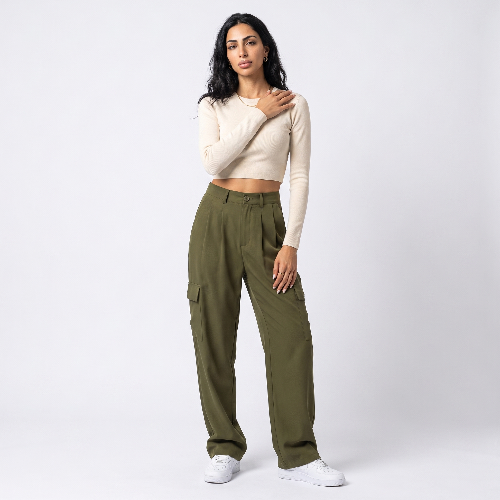 Sunoire pb za women 2023 new chic fashion pocket trim cargo pants vintage high waist side pockets female trousers mujer front hero 01