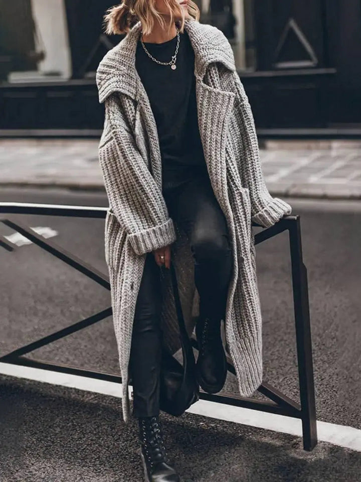 Women's Oversized Chunky Knit Lapel Longline Cardigan in Grey