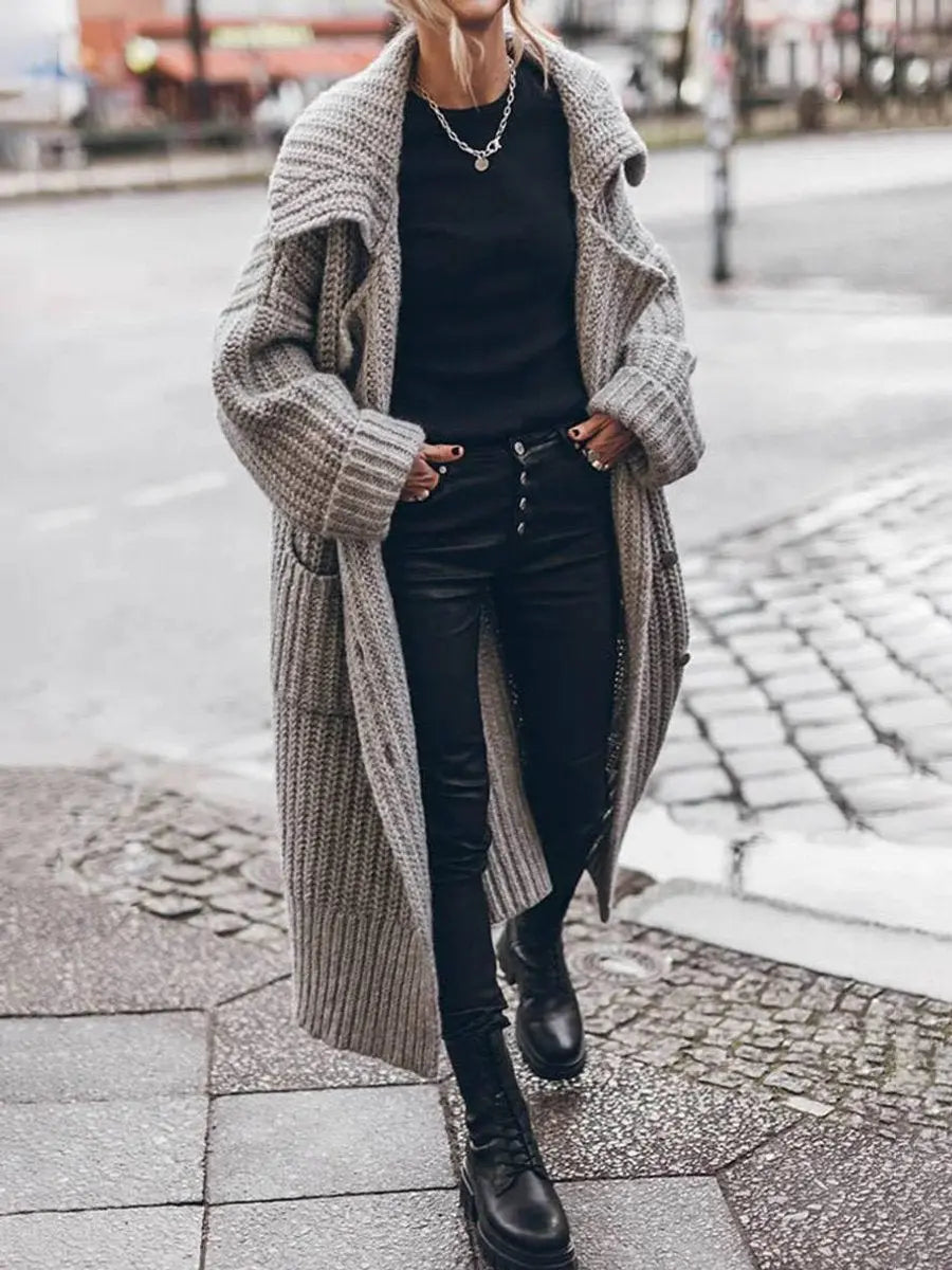 Women's Oversized Chunky Knit Lapel Longline Cardigan in Grey, another view