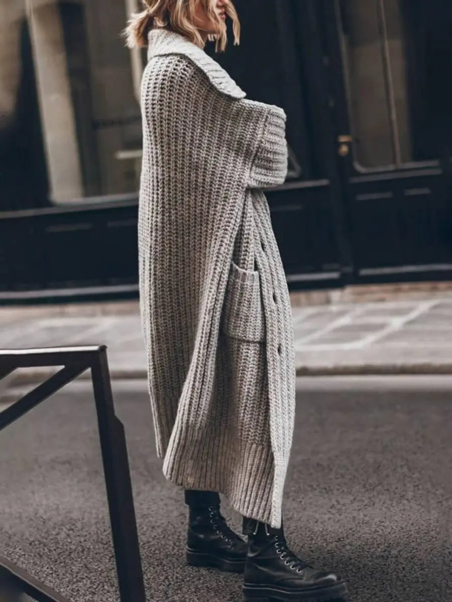 Women's Oversized Chunky Knit Lapel Longline Cardigan in Grey, another view