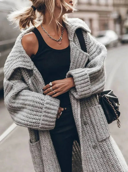 Women's Oversized Chunky Knit Lapel Longline Cardigan in Grey, another view