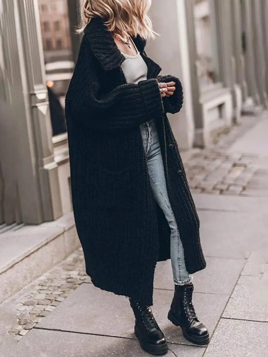 Women's Oversized Chunky Knit Lapel Longline Cardigan in Black