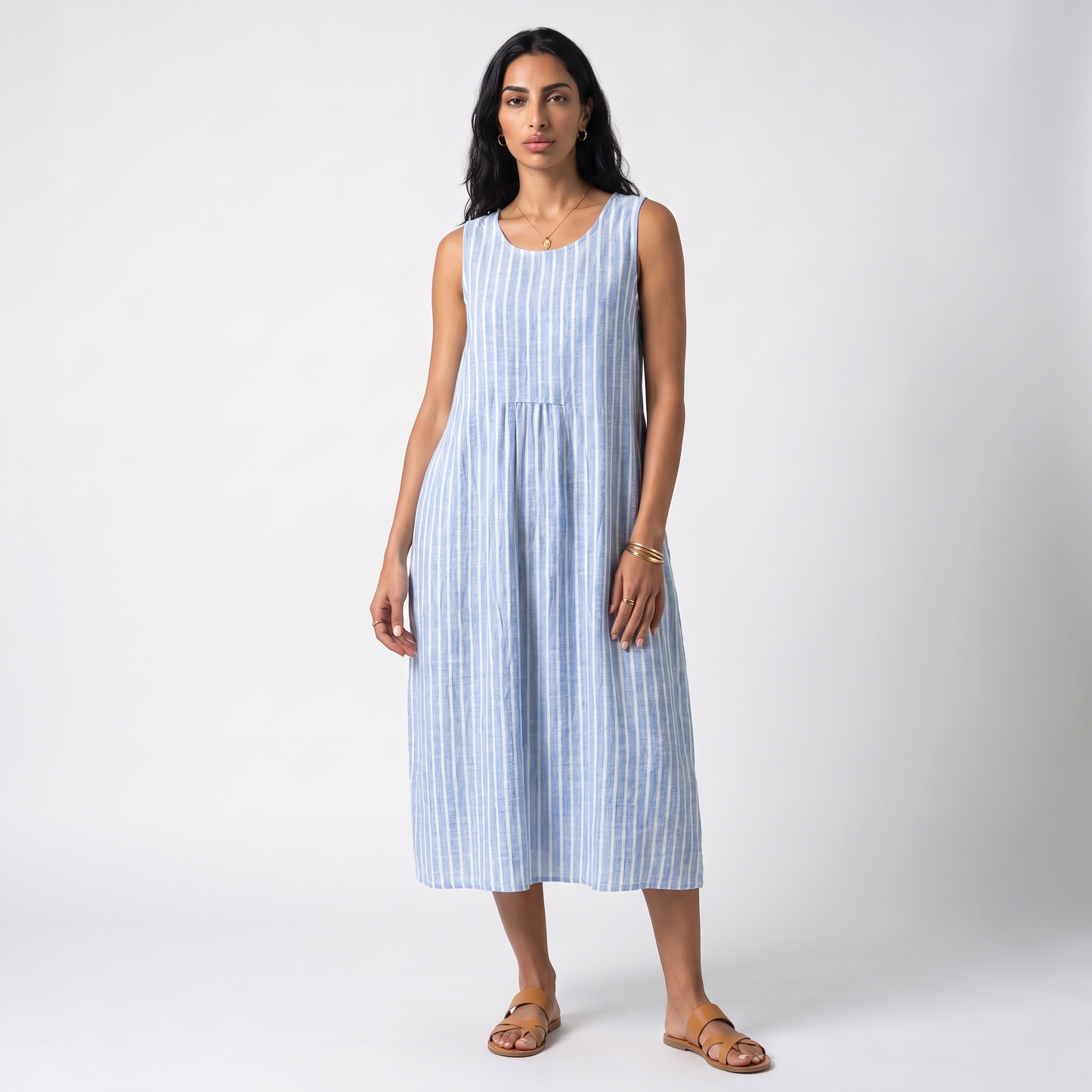 Sunoire pippa womens casual sleeveless relaxed midi dress colorway blue front hero 01