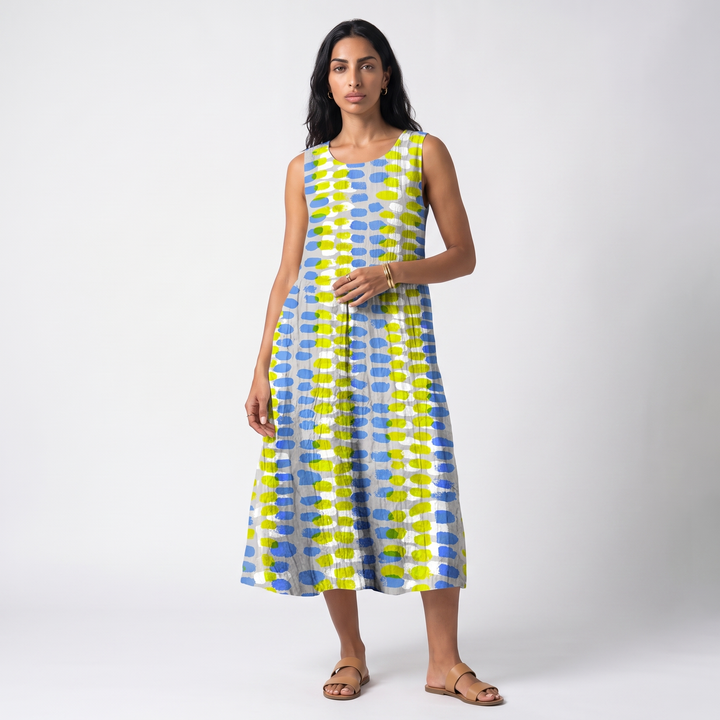 Linen Midi Dress – Blue Yellow Check Wedding Guest Dress — Light Gray