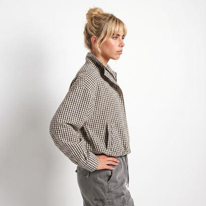 Sunoire plaid stand collar zip jacket top side crop 01